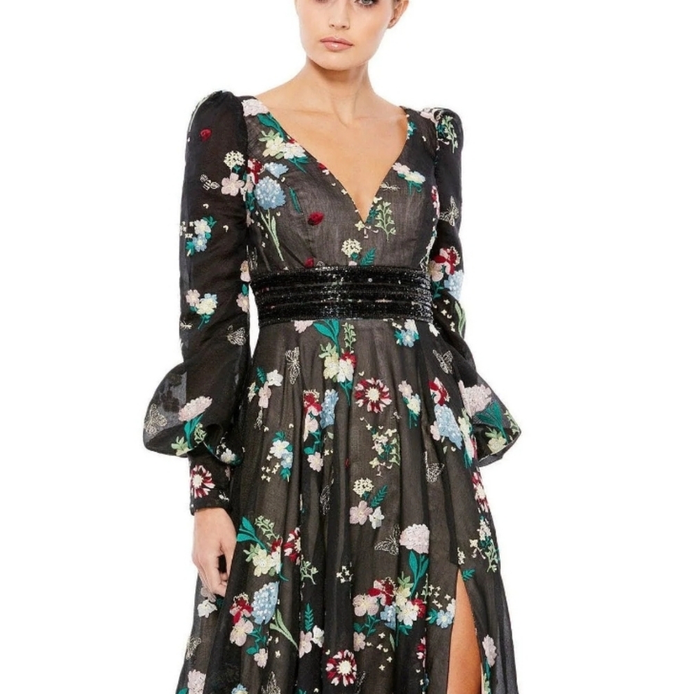 MAC DUGGAL ✨ Long Sleeve Dress, Wedding Guest | black embroidery flowers - Picture 4 of 14